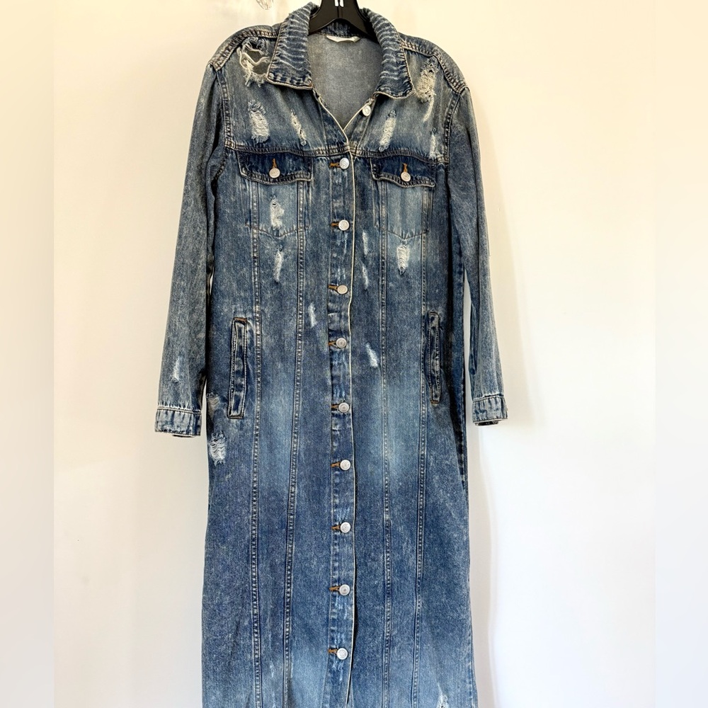 HIGHWAY Denim Shirt Dress Women Maxi ShirtDress Distressed Jeans Jacket Size M